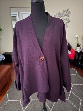 Elegant Plum Open-Front Textured bohemian Cardigan jacket w Single Button Large
